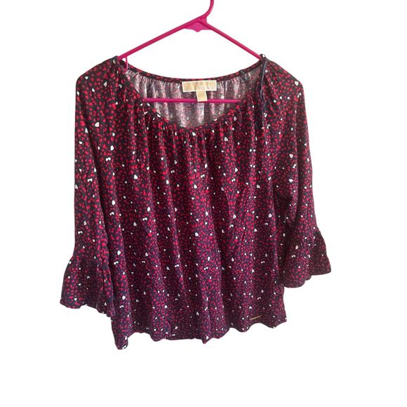Michael Kors Top Medium Blue Red Hearts Bell Sleeve Blouse Women's size: large - Picture 2 of 7